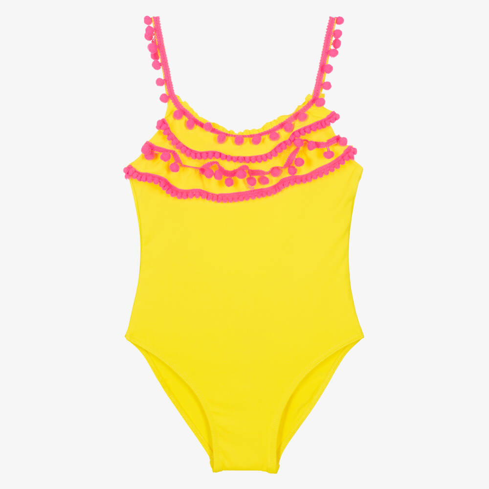 Selini Action-Girls Yellow Swimsuit with Pink Pom-Pom Trims | Childrensalon Outlet