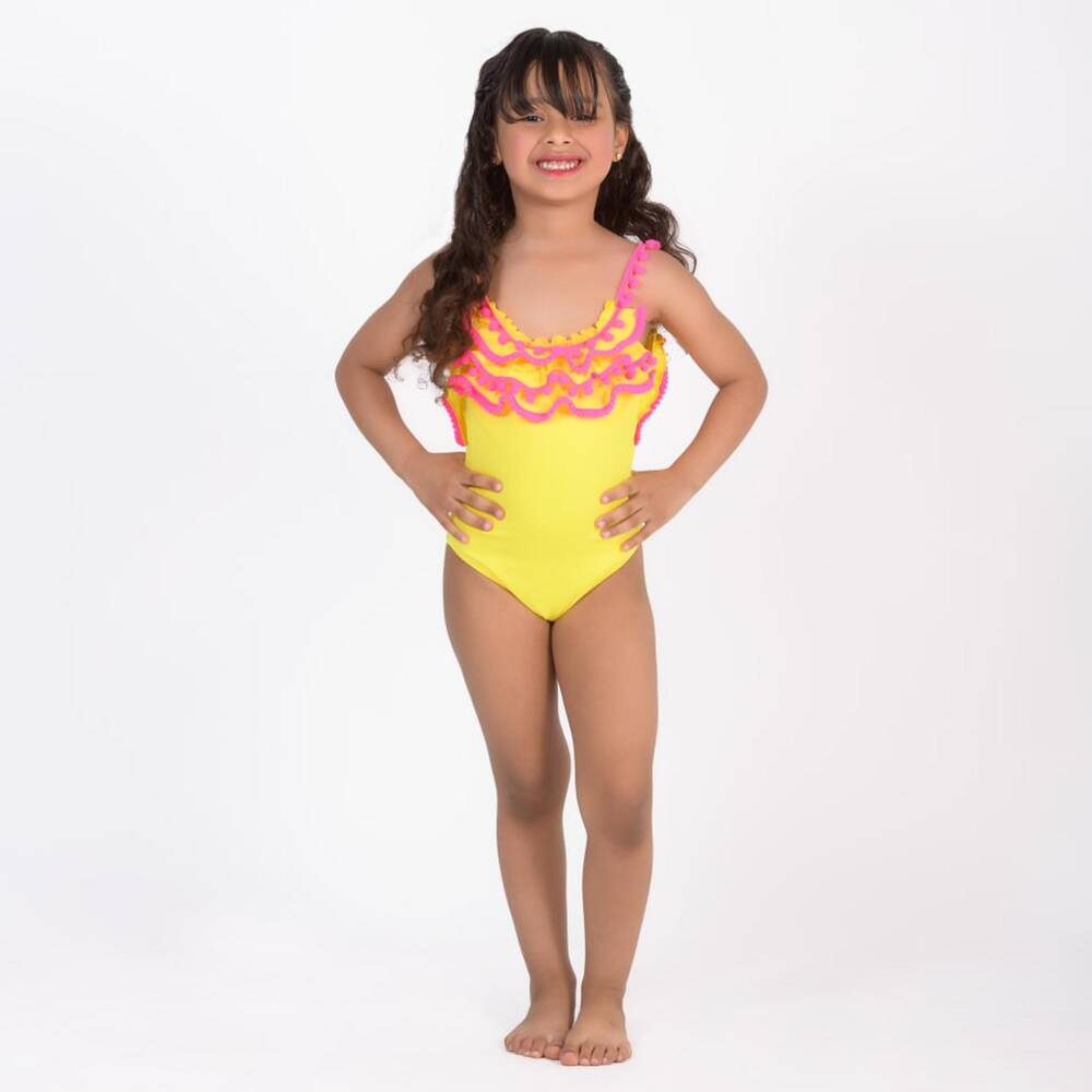 Selini Action-Girls Yellow Swimsuit with Pink Pom-Pom Trims | Childrensalon Outlet