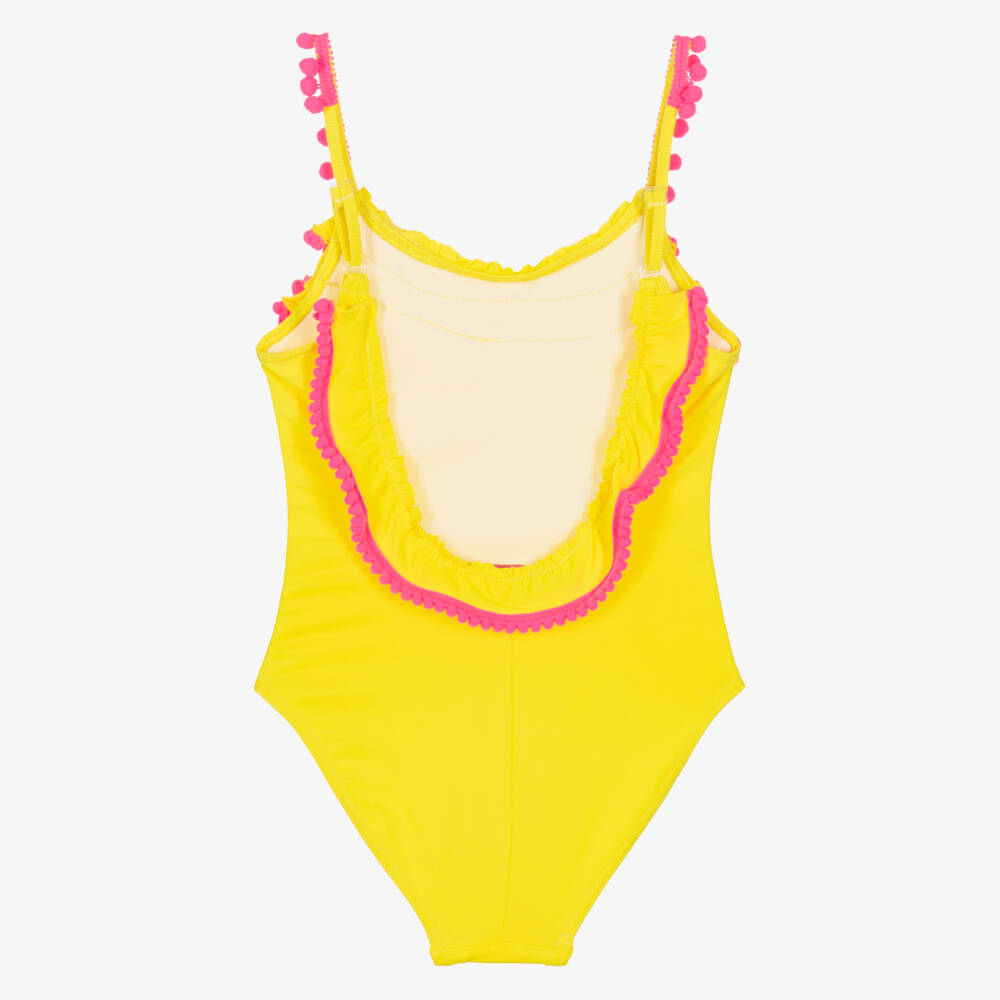 Selini Action-Girls Yellow Swimsuit with Pink Pom-Pom Trims | Childrensalon Outlet