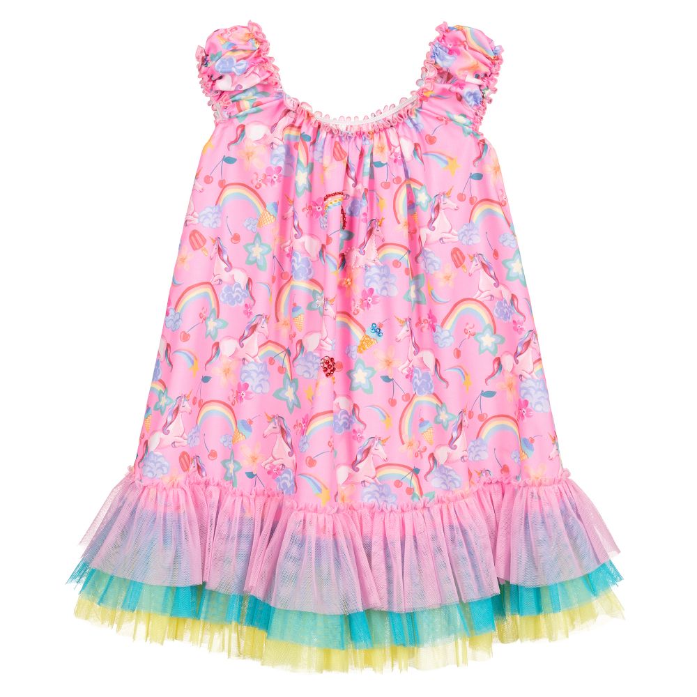 Selini Action - Pinkes Strandkleid mit Einhornprint | Childrensalon