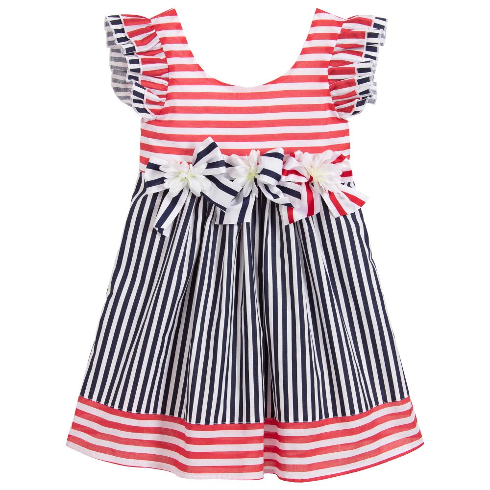 red and blue striped dress
