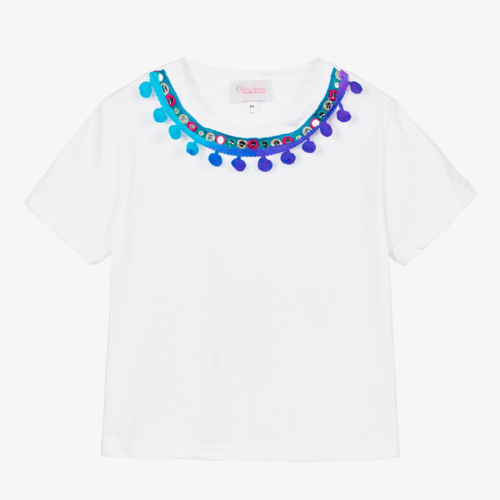 Selini Action - T-shirt blanc coton à pompons | Childrensalon