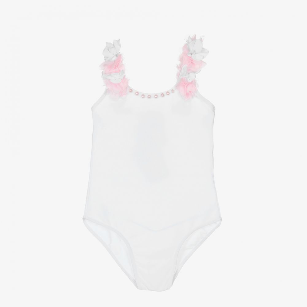 White swimsuit with pink flowers store