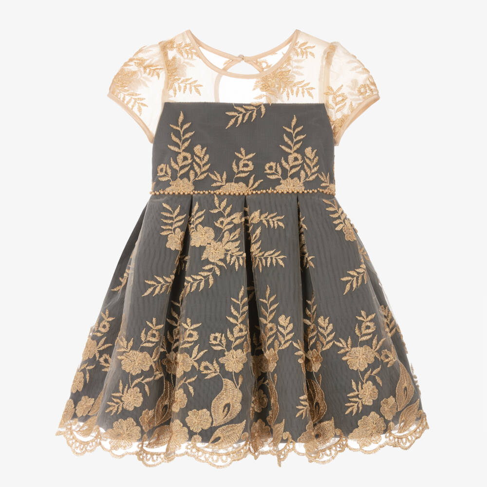 Sevva-Girls Black Satin Gold Embroidered Dress | Childrensalon Outlet