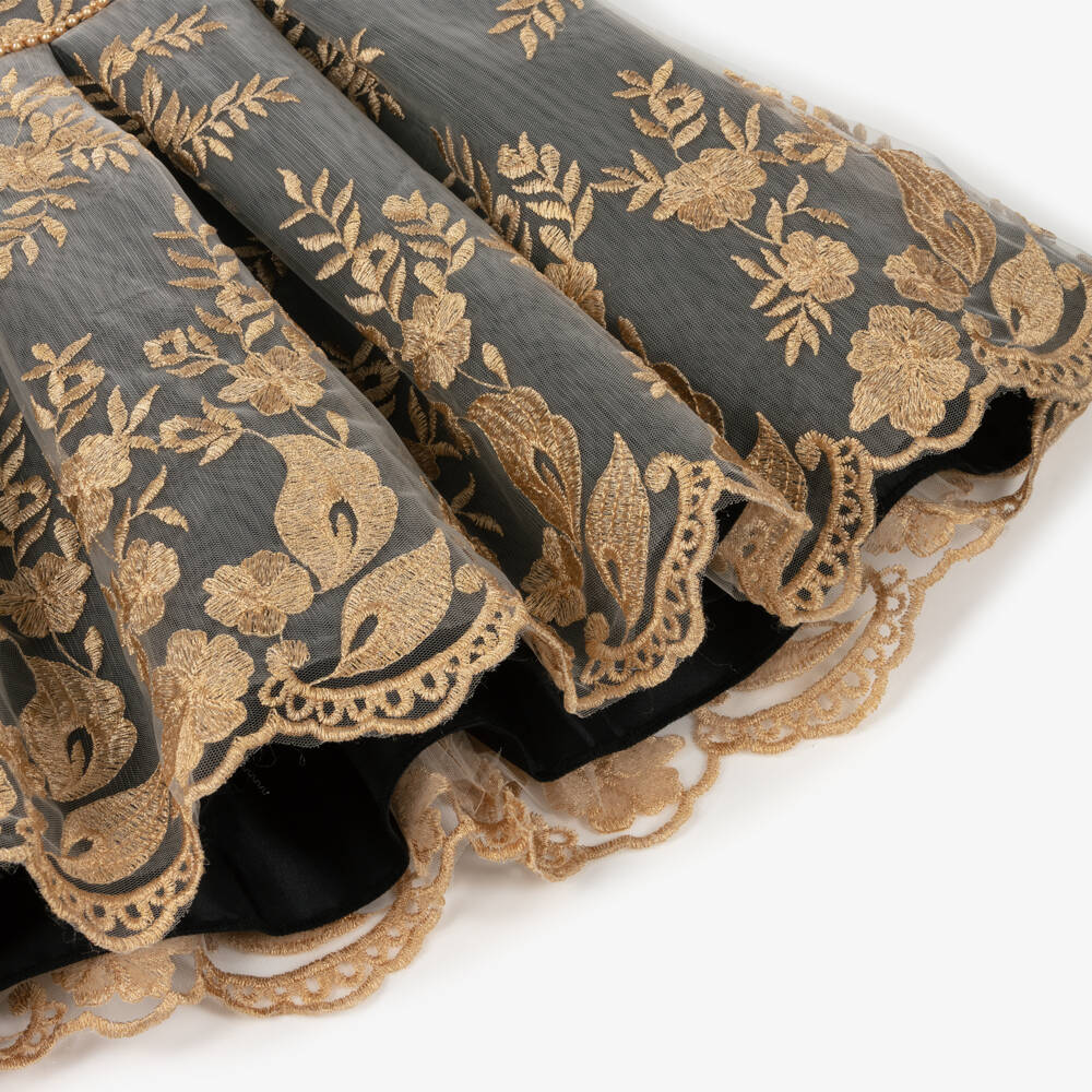 Sevva-Girls Black Satin Gold Embroidered Dress | Childrensalon Outlet