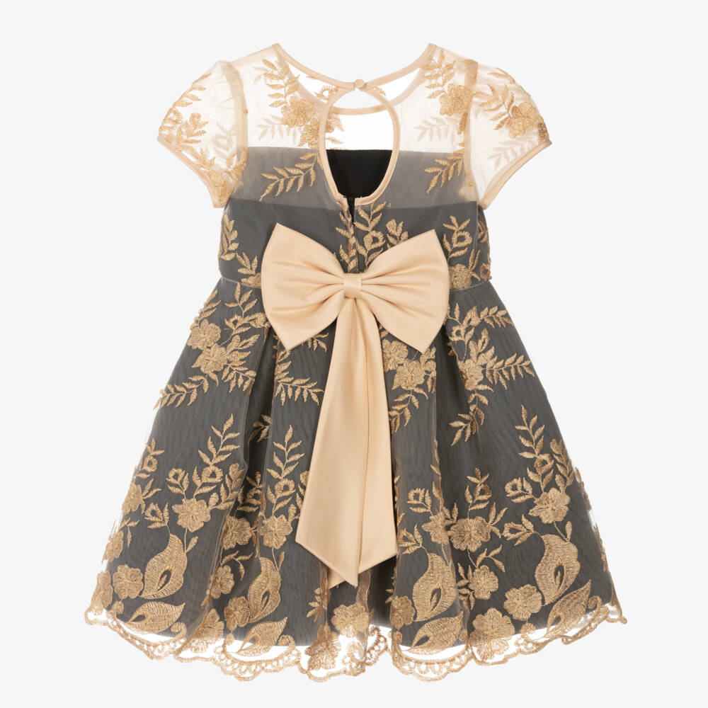 Sevva-Girls Black Satin Gold Embroidered Dress | Childrensalon Outlet