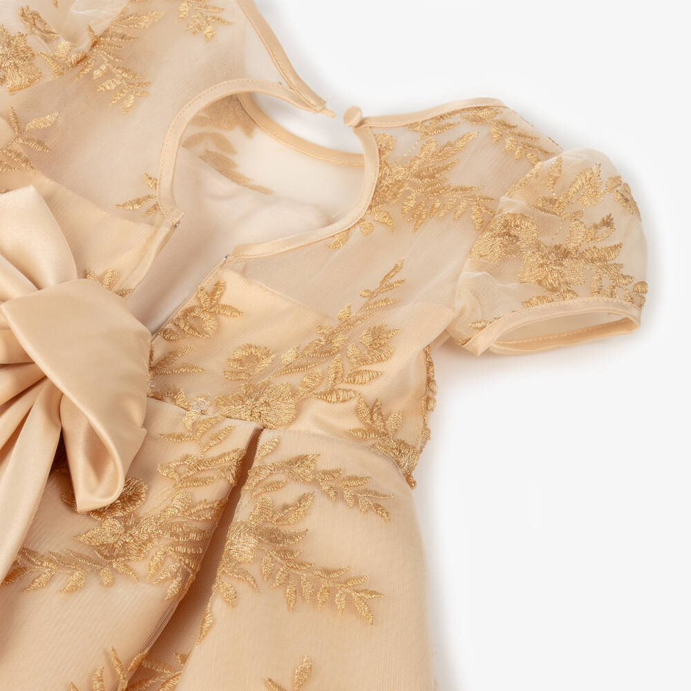 Sevva-فستان ساتان ذهبي مزين بالورود للبنات | Childrensalon Outlet