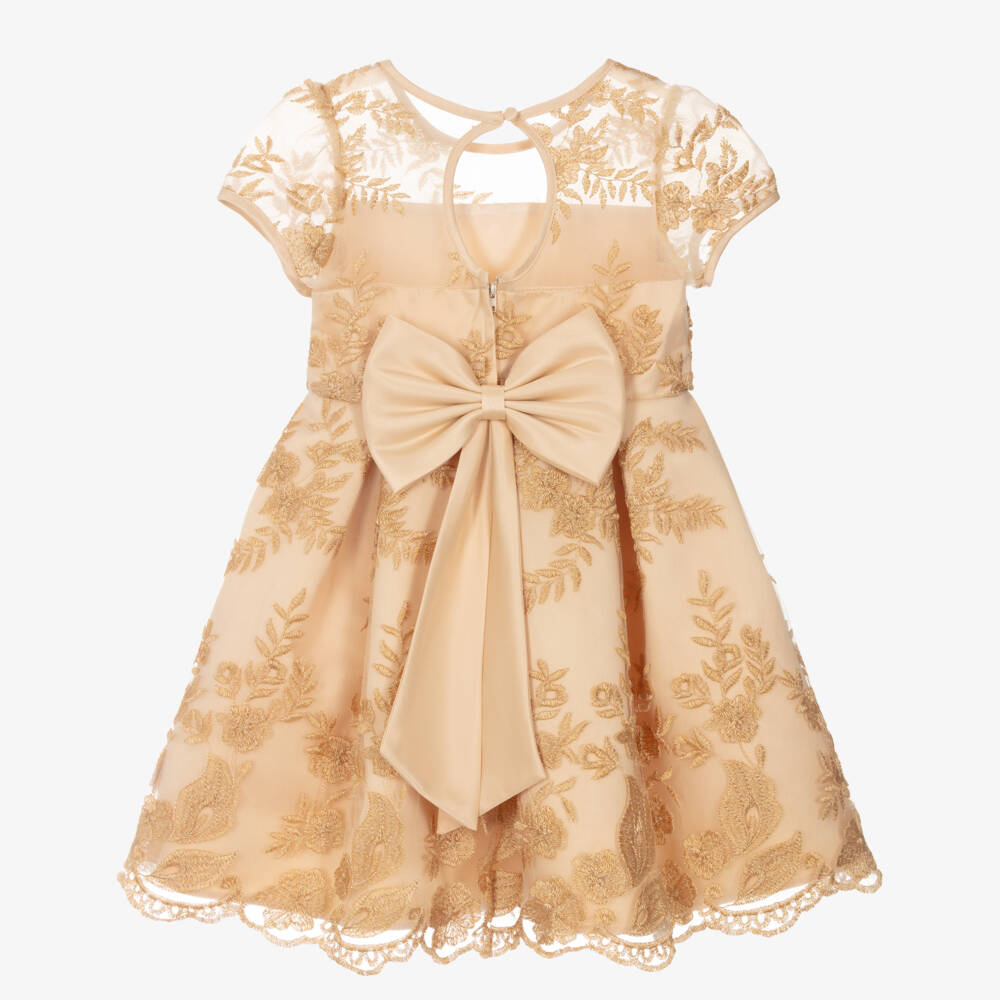 Sevva-فستان ساتان ذهبي مزين بالورود للبنات | Childrensalon Outlet