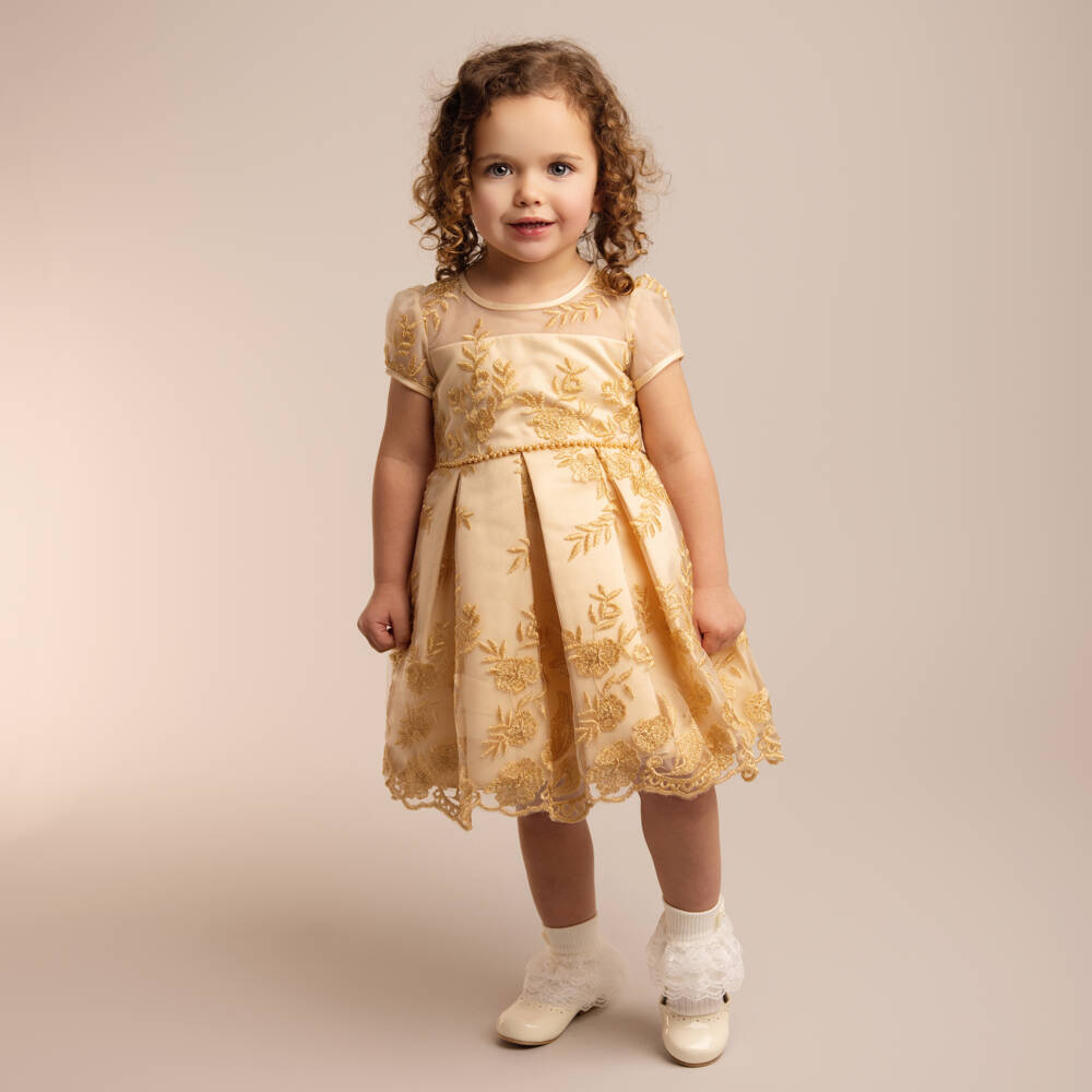 Sevva-Золотое атласное платье с цветочным узором для девочек | Childrensalon Outlet