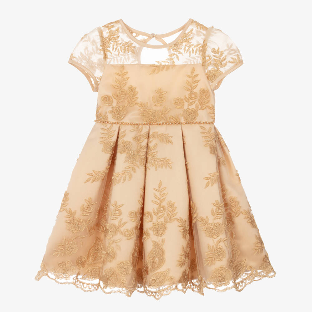 Sevva-Золотое атласное платье с цветочным узором для девочек | Childrensalon Outlet