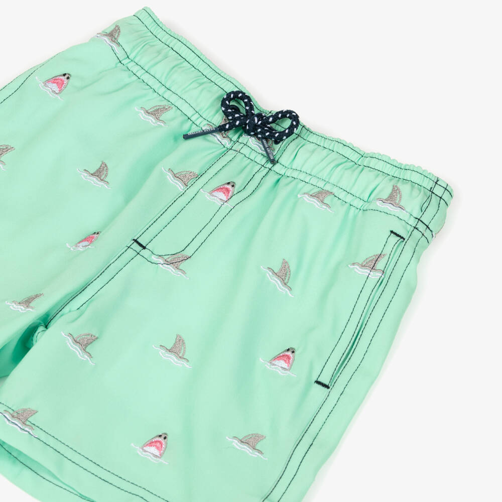 Shade Critters-Boys Mint Green Swim Shorts with Embroidered Shark Motifs (UPF50+) | Childrensalon Outlet