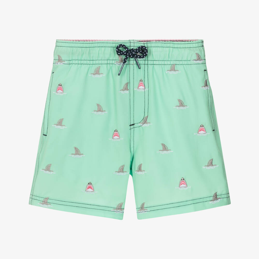 Shade Critters-Boys Mint Green Swim Shorts with Embroidered Shark Motifs (UPF50+) | Childrensalon Outlet