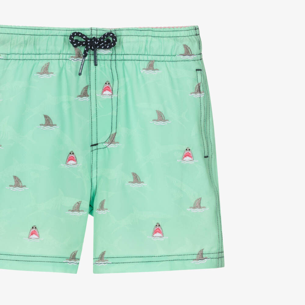 Shade Critters-Boys Mint Green Swim Shorts with Embroidered Shark Motifs (UPF50+) | Childrensalon Outlet