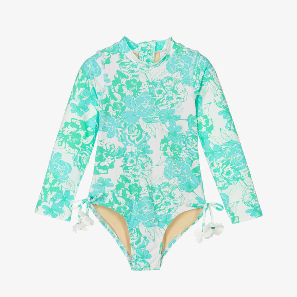 Shade Critters-Girls Aqua Floral Long-Sleeve Swimsuit | Childrensalon Outlet