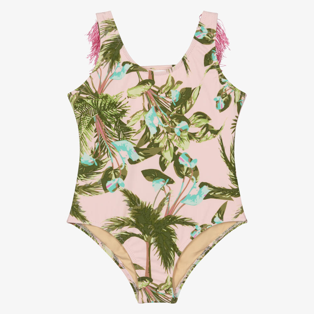 Shade Critters-Girls Pale Pink & Green Tropical Print Swimsuit (UPF50+) | Childrensalon Outlet