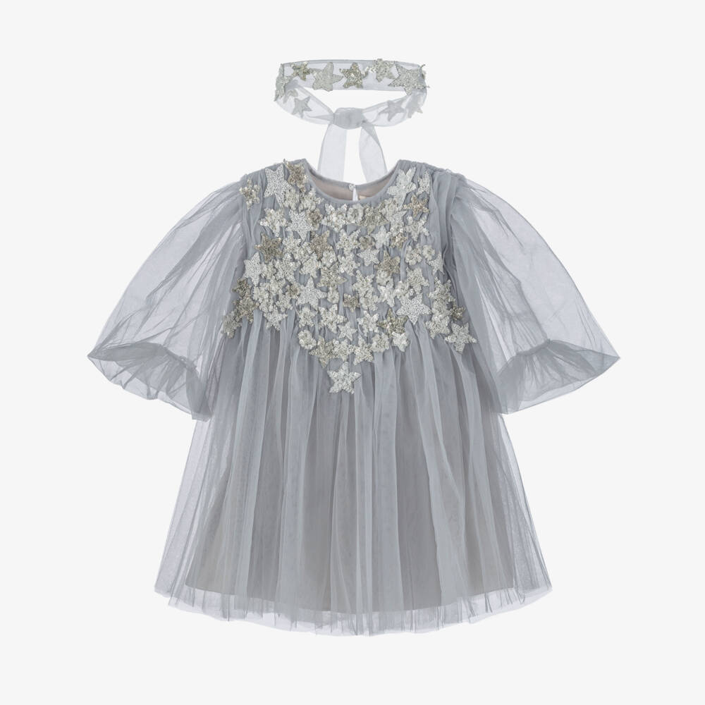 Shatha Essa-Girls Silver Starry Tulle Dress | Childrensalon Outlet