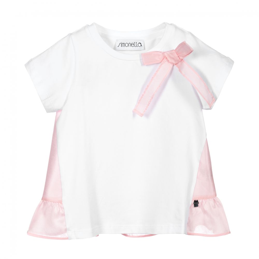 Simonetta - Girls White Cotton T-Shirt | Childrensalon