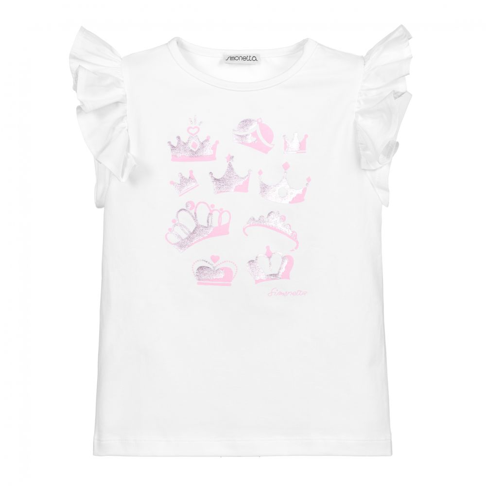 Simonetta - Girls White Cotton T-Shirt | Childrensalon
