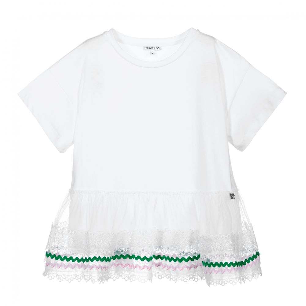 Simonetta - Girls White Cotton T-Shirt | Childrensalon
