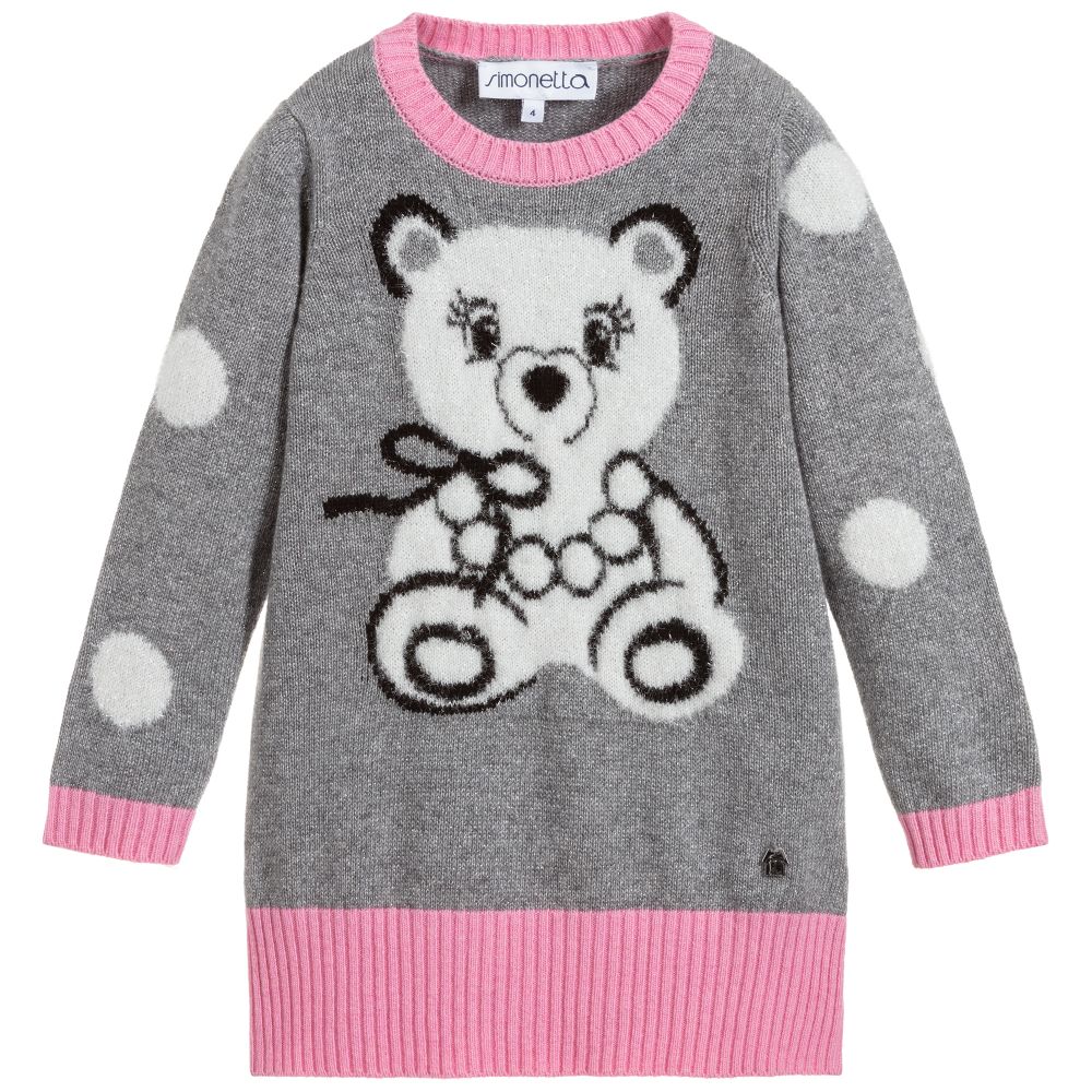 Simonetta - Grey Wool Knitted Teddy Dress | Childrensalon