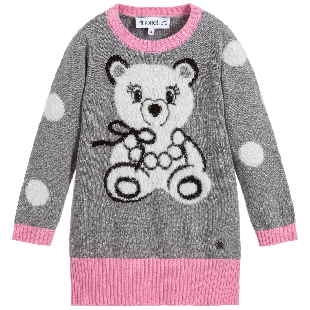 Simonetta-Grey Wool Knitted Teddy Dress | Childrensalon Outlet