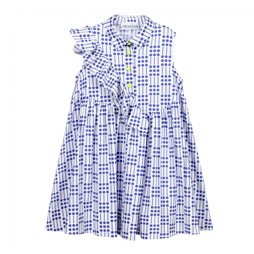 Simonetta - White & Blue Cotton Dress | Childrensalon