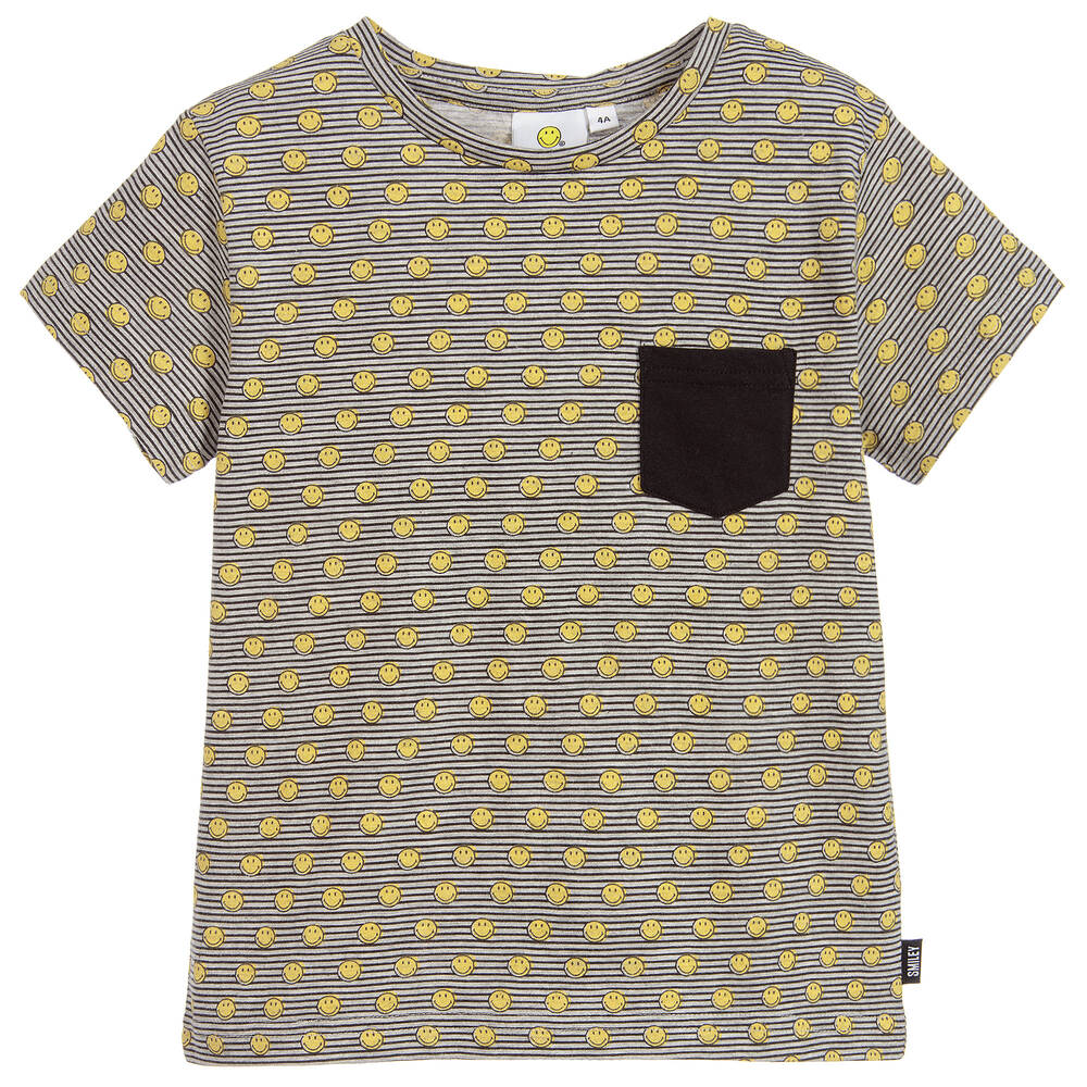 Smiley Originals - Boys Grey Striped Cotton T-Shirt | Childrensalon