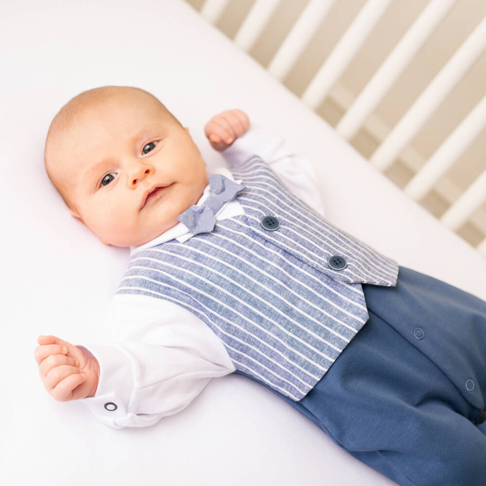 Sofija-Baby Boys Blue Cotton Waistcoat Romper Set | Childrensalon Outlet