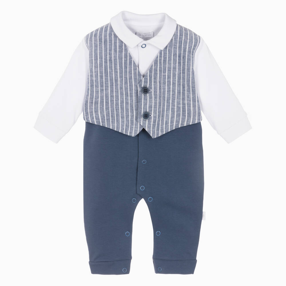 Sofija-Baby Boys Blue Cotton Waistcoat Romper Set | Childrensalon Outlet