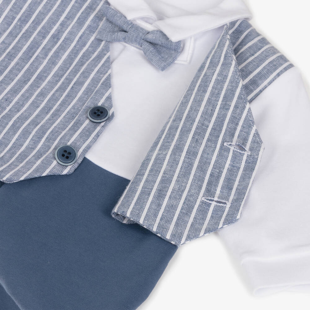 Sofija-Baby Boys Blue Cotton Waistcoat Romper Set | Childrensalon Outlet