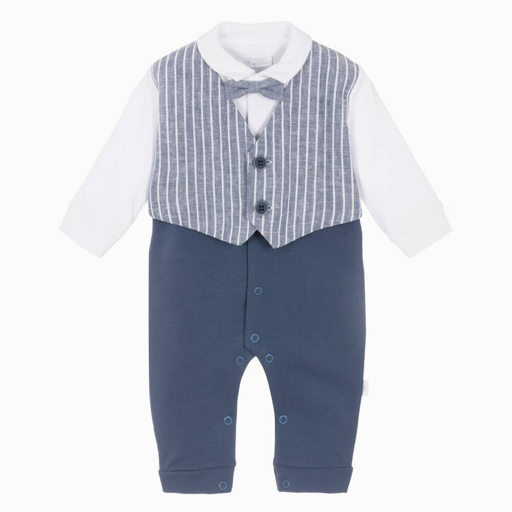 Sofija-Baby Boys Blue Cotton Waistcoat Romper Set | Childrensalon Outlet