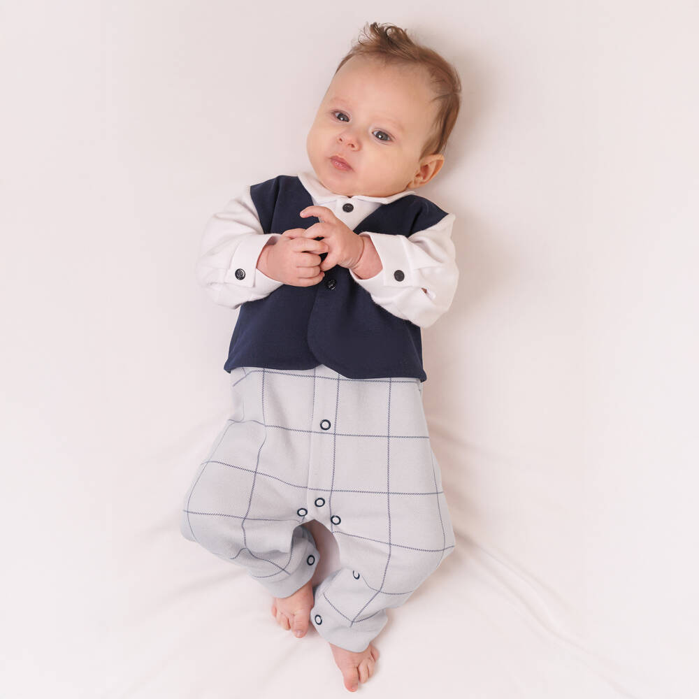 Sofija-Baby Boys Grey & Navy Blue Cotton Romper | Childrensalon Outlet