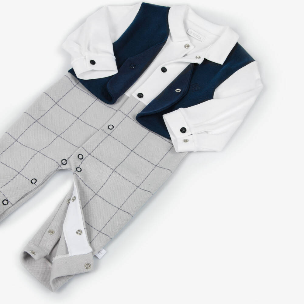 Sofija-Baby Boys Grey & Navy Blue Cotton Romper | Childrensalon Outlet
