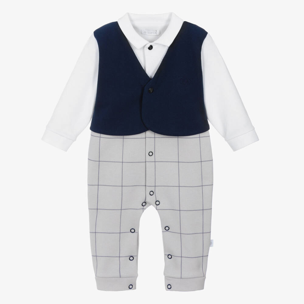 Sofija-Baby Boys Grey & Navy Blue Cotton Romper | Childrensalon Outlet