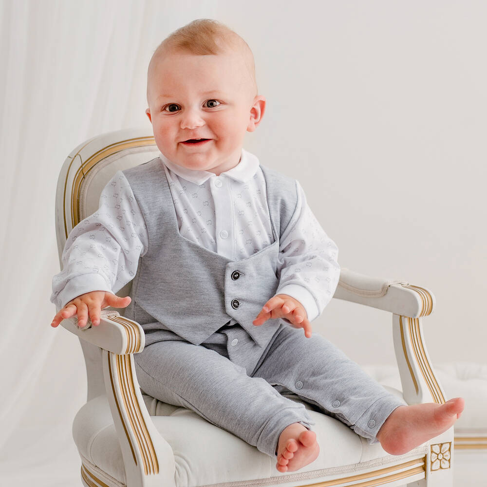 Sofija-Baby Boys Grey Suit Romper | Childrensalon Outlet