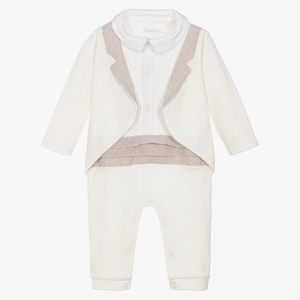 Sofija-Baby Boys Ivory Velour Romper Suit | Childrensalon Outlet