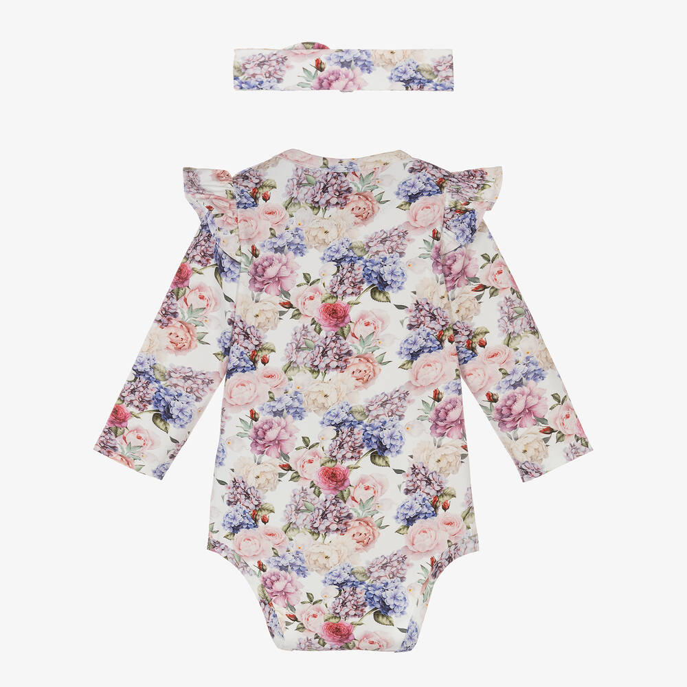 Sofija-Baby Girls Ivory Cotton Floral Bodysuit Set | Childrensalon Outlet