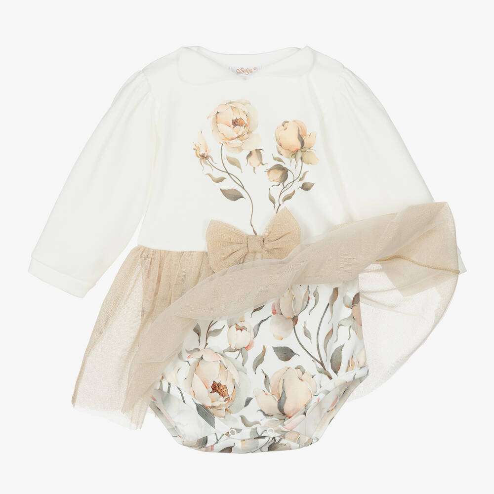 Sofija-فستان قطن لون عاجي وذهبي للمولودات | Childrensalon Outlet
