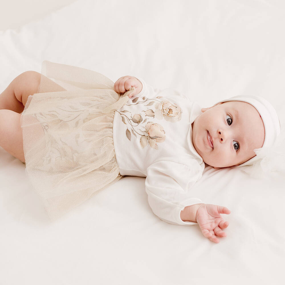 Sofija-فستان قطن لون عاجي وذهبي للمولودات | Childrensalon Outlet