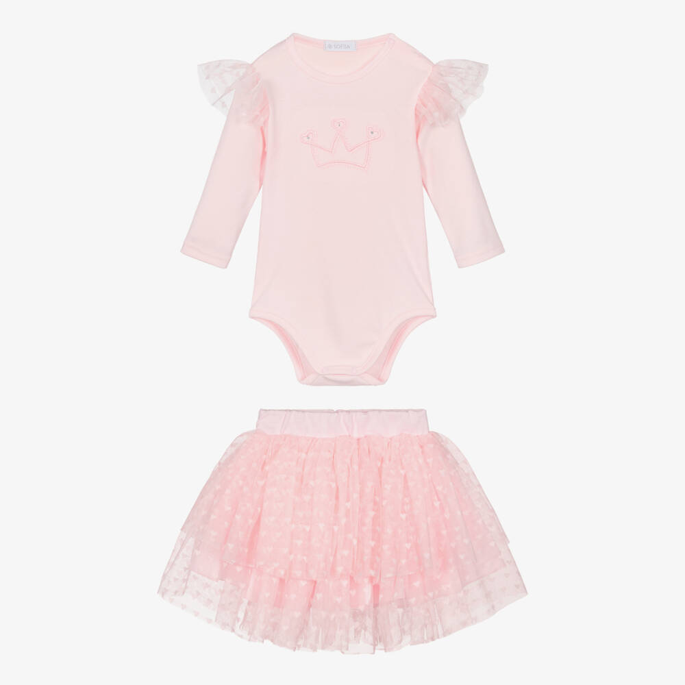 Sofija-Baby Girls Pink Cotton & Tulle Skirt Set with Crown Motif | Childrensalon Outlet