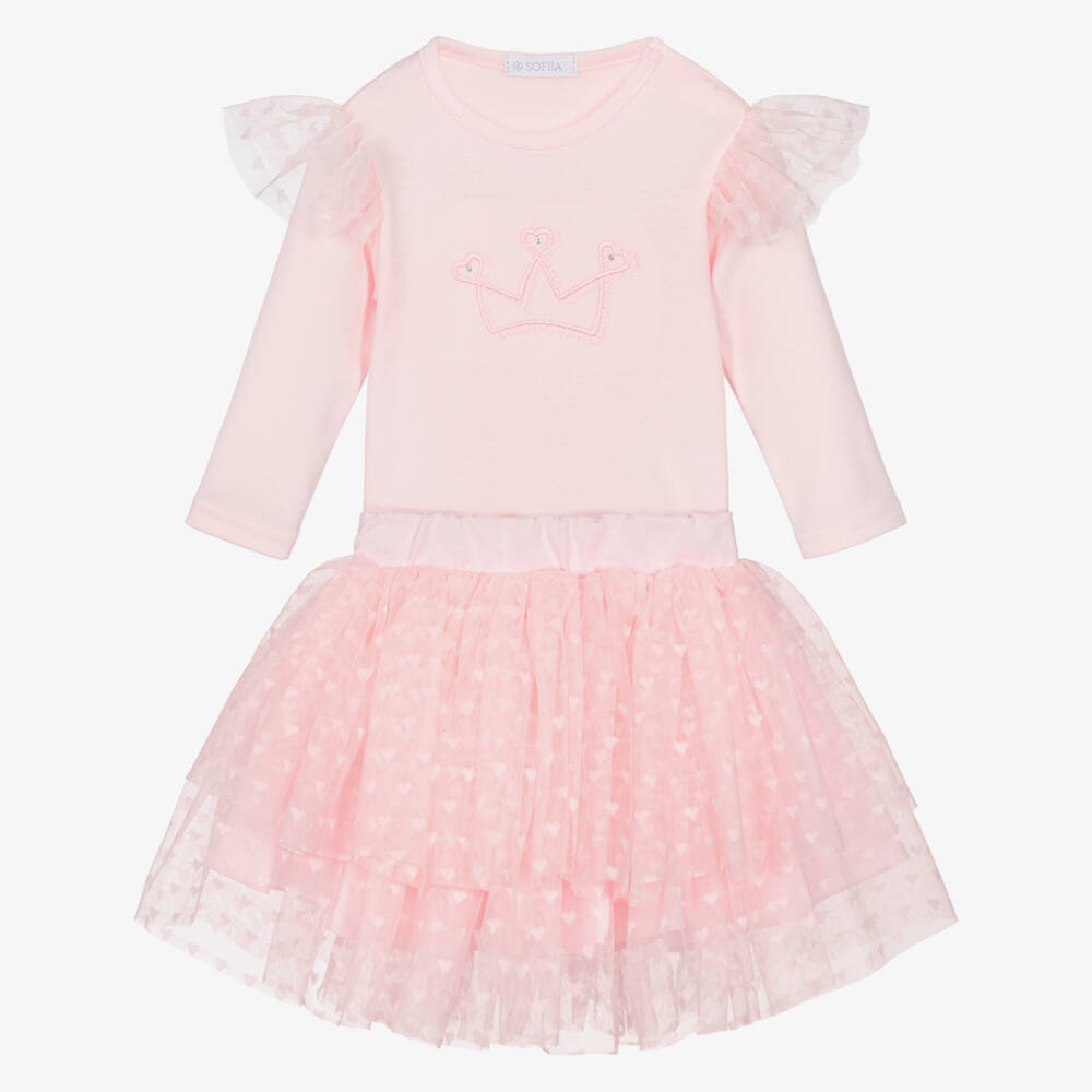 Sofija-Baby Girls Pink Cotton & Tulle Skirt Set with Crown Motif | Childrensalon Outlet