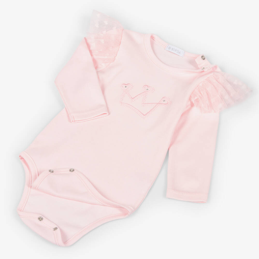 Sofija-Baby Girls Pink Cotton & Tulle Skirt Set with Crown Motif | Childrensalon Outlet