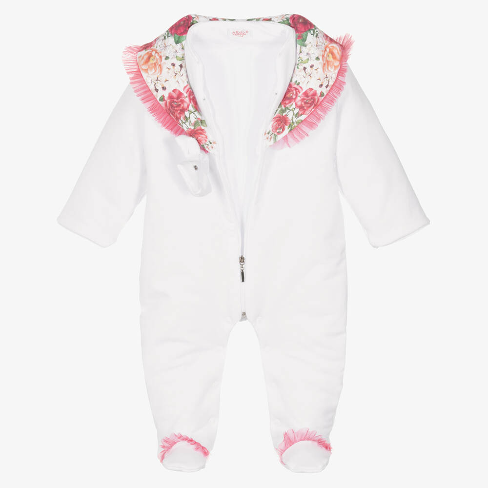 Sofija-Baby Girls White Cotton Pramsuit Set | Childrensalon Outlet