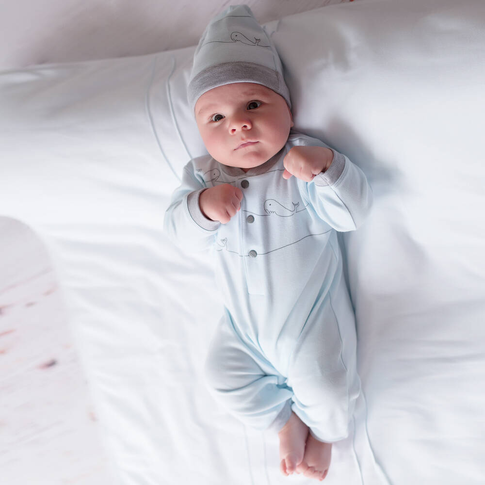 Sofija-Blue Cotton Romper & Hat Set | Childrensalon Outlet