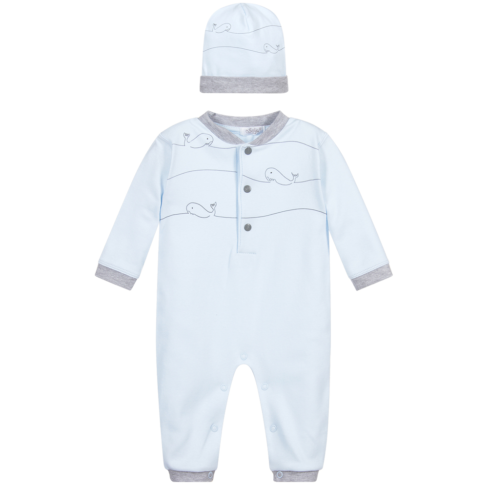 Sofija - Blue Cotton Romper & Hat Set | Childrensalon