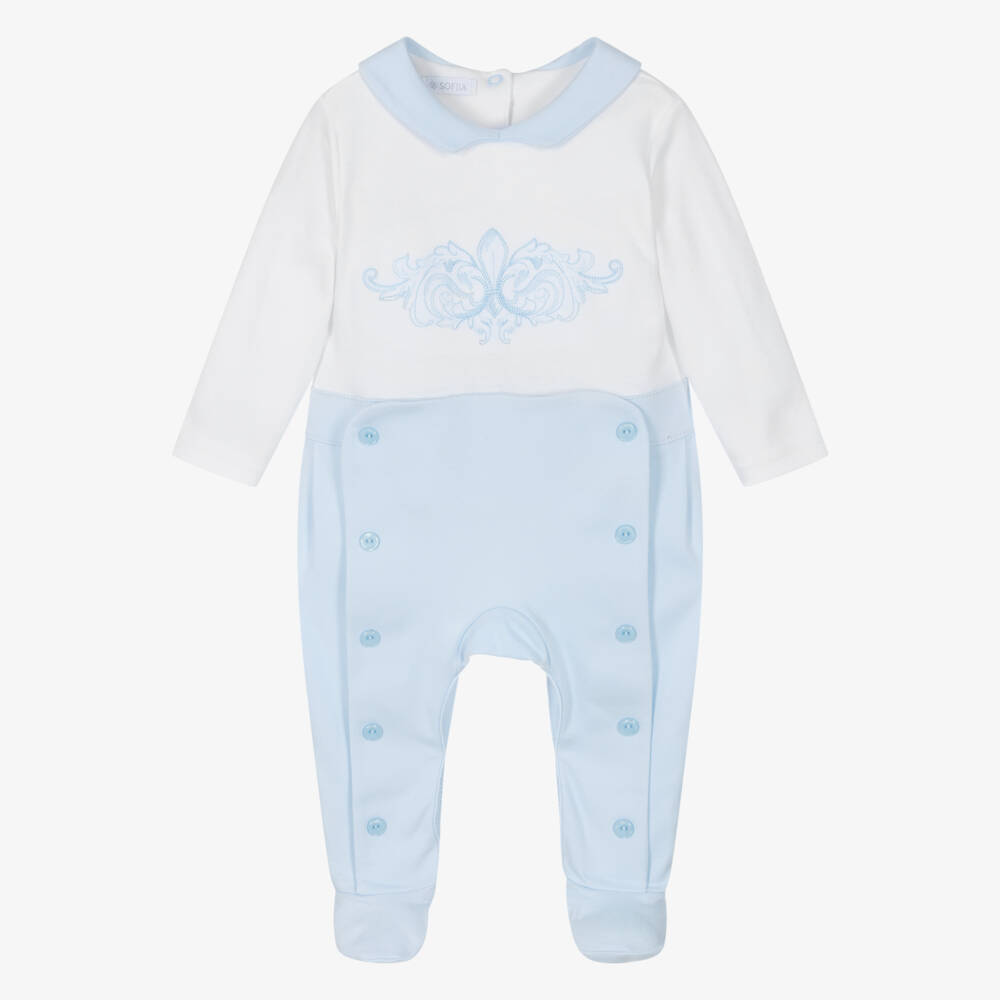 Sofija-Boys Blue & White Cotton Crest Babygrow | Childrensalon Outlet