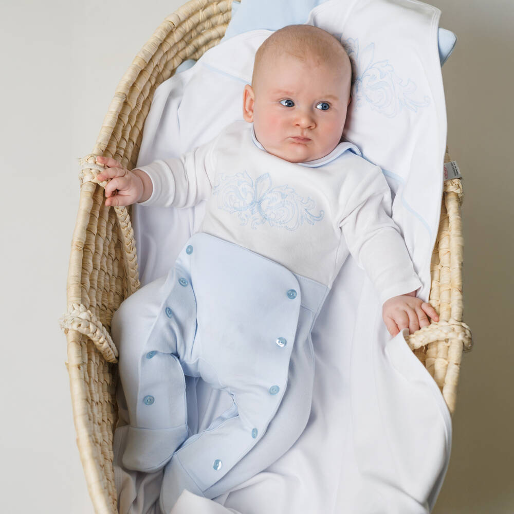 Sofija-Boys Blue & White Cotton Crest Babygrow | Childrensalon Outlet
