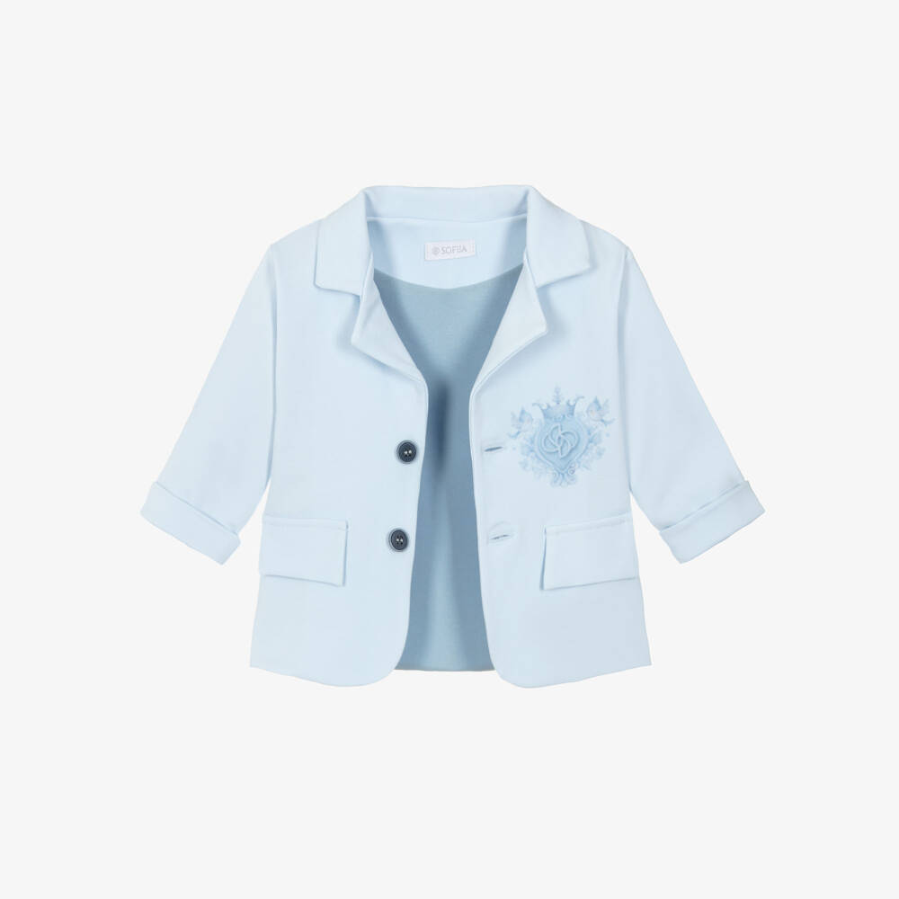 Sofija-Boys Blue & White Cotton Jersey Monogram Logo Suit | Childrensalon Outlet