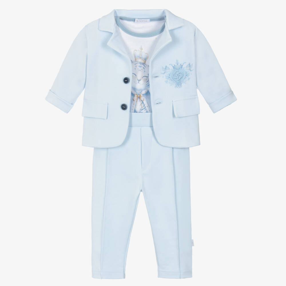 Sofija-Boys Blue & White Cotton Jersey Monogram Logo Suit | Childrensalon Outlet
