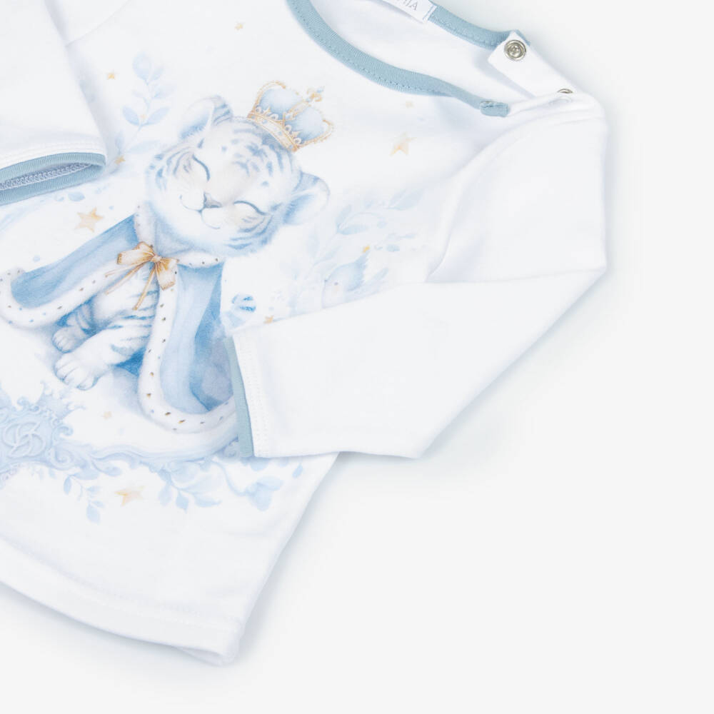 Sofija-Boys Blue & White Cotton Jersey Monogram Logo Suit | Childrensalon Outlet